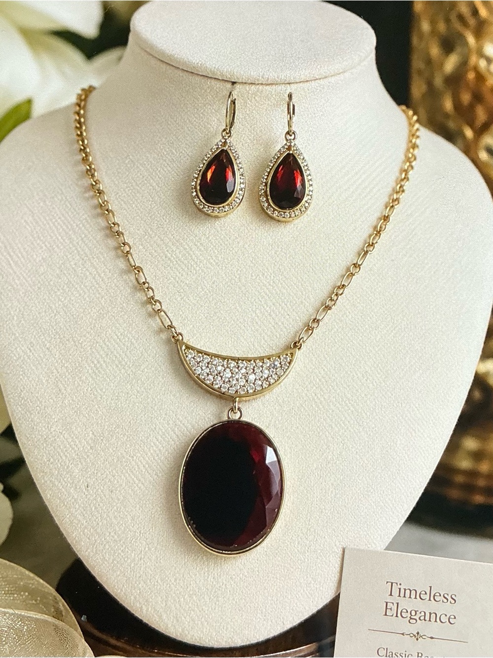 Gold-Tone Necklace and Teardrop Earrings Set with Deep Garnet Stones